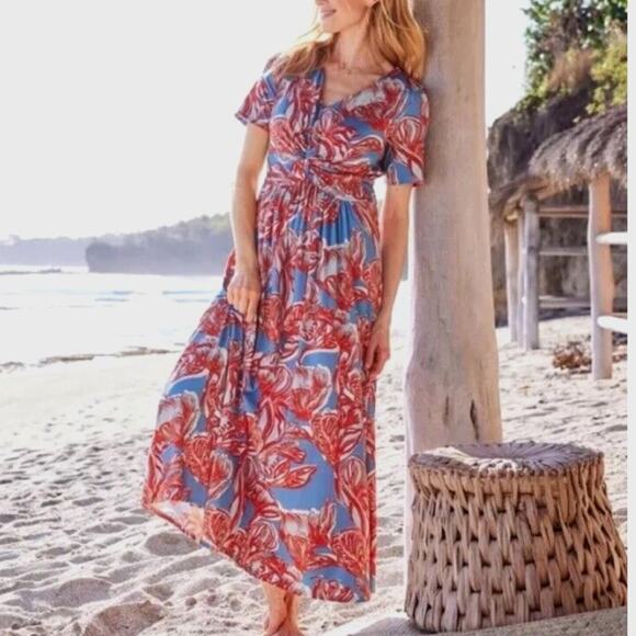 Soft Surroundings Spritzer Maxi Dress Womens XL Blue Red Twist Front Beachy Long - Picture 1 of 10